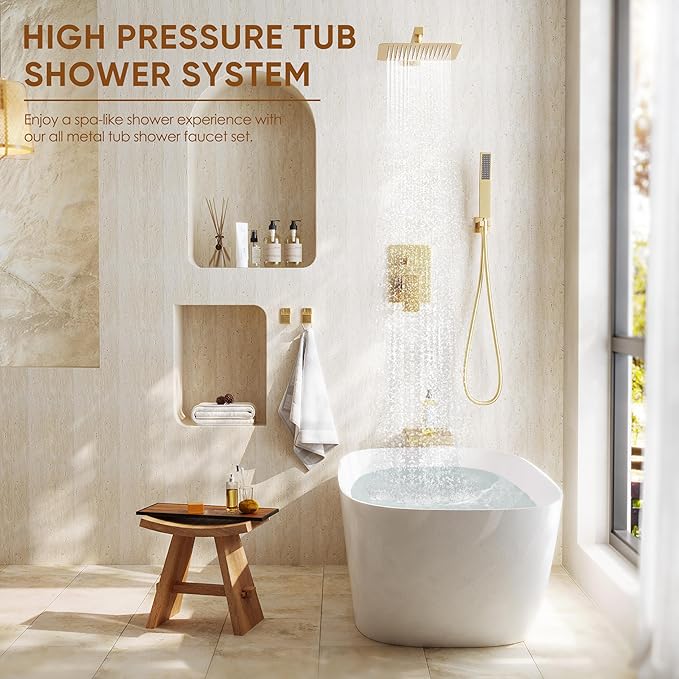Shower System with Tub Spout, All Metal Tub Shower Faucet Set with 10-Inch Rain Shower Head and Handheld Spray combo, Wall Mounted Shower Combo Set with shower valve and Trim kit,Brushed Gold