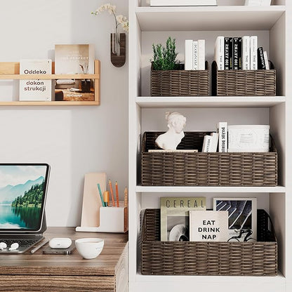 Ollieroo Rattan Storage Baskets, Handwoven Wicker Storage Bins with Built-in Handles, Storage Container Baskets for Shelves, Bedroom, Bathroom, Laundry Room or Kitchen(Brown)