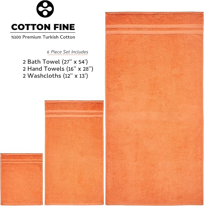Premium 6 Piece Towel Set, 2 Bath Towel, 2 Hand Towels, 2 Washcloths, 100% Turkish Cotton Soft Absorbent Towels (Orange, 6 Piece Towel Set)