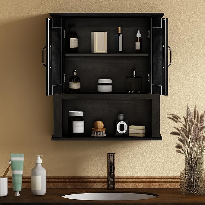 ChooChoo Wood Wall Cabinet with Doors, Medicine Cabinet with Adjustable Shelves Over The Toilet, Hanging Cabinet Wall Mounted for Bathroom, Kitchen, Living Room, Black