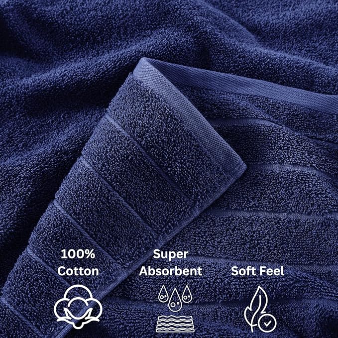 Casa Platino 100% Mercerized Cotton Towels for Bathroom - 24 Pc - Ringspun, Soft & Absorbent - 2 Bath Sheets, 2 Gym, 2 Bath, 4 Fingertip, 6 Hand Towels, 8 Washcloth - Sustainably Produced - Navy Blue