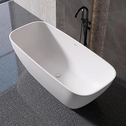 59'' Freestanding Bathtub Resin Stone Deep Soaking Tubs Solid Surface Matte Tub with Overflow and Pop-up Drain
