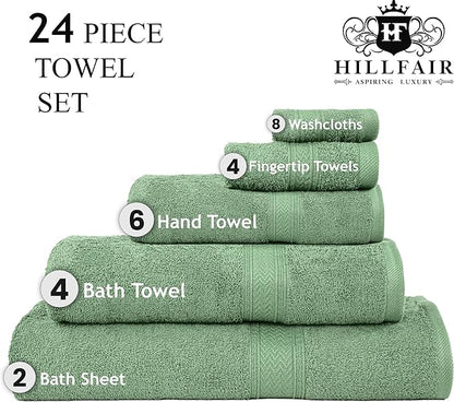 HILLFAIR - 100% Cotton 24 Piece Bath Towels Set for Bathroom- 24 PC Bulk Pack - Quick Dry Absorbent Hotel Spa Towel Set- 2 XXL Oversized Sheets, 4 Bath, 6 Hand, 4 Fingertip Towels, 8 Washcloths: Sage