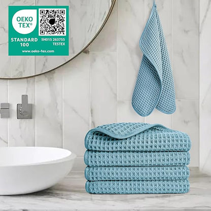 POLYTE 430 GSM Microfiber Lint Free Washcloth Face Towel, 13 x 13 in, 4 Pack (Waffle Weave)