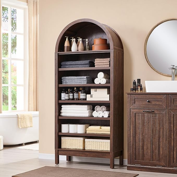 71" Tall Arched Bathroom Storage Cabinet, 7-Tier Modern Farmhouse Storage Cabinet with Adjustable Shelves, Wood Freestanding Cabinet for Bathroom, Living Room, Entryway, Hallway-Brown