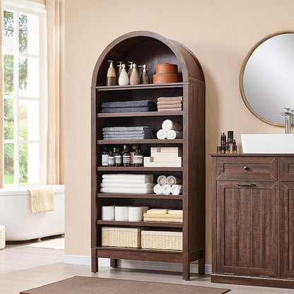 71" Tall Arched Bathroom Storage Cabinet, 7-Tier Modern Farmhouse Storage Cabinet with Adjustable Shelves, Wood Freestanding Cabinet for Bathroom, Living Room, Entryway, Hallway-Brown
