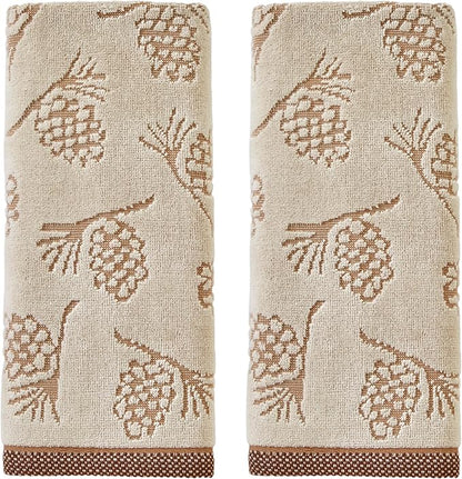 SKL Home Fall/Winter/Christmas Pinecone Jacquard Hand Towel 2pc Set for Bath/Kitchen/Bar & Gift, Wheat