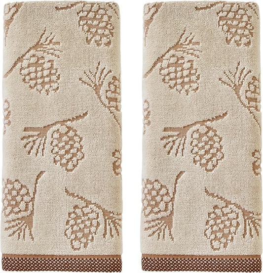 SKL Home Fall/Winter/Christmas Pinecone Jacquard Hand Towel 2pc Set for Bath/Kitchen/Bar & Gift, Wheat