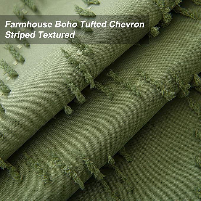 Long No Hook Tufted Chevron Striped Shower Curtain with Snap-in PEVA Liner Set - 72" x 86", Hotel Style with See Through Top Window, Sage Green Water Repellent Fabric Shower Curtain