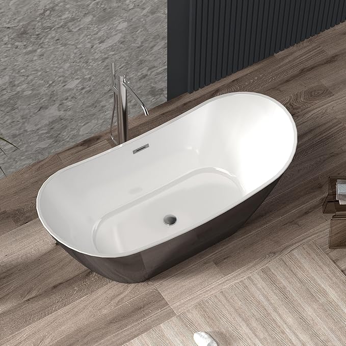 67 Inch Acrylic Soaking Bathtub, Modern Stand Alone Tub for Adults with Sloped Backrest, Chrome Drain & Overflow, cUPC Certified, Easy Installation, White Oval Bath