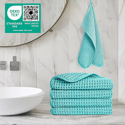 POLYTE 430 GSM Microfiber Lint Free Washcloth Face Towel, 13 x 13 in, 4 Pack (Waffle Weave)