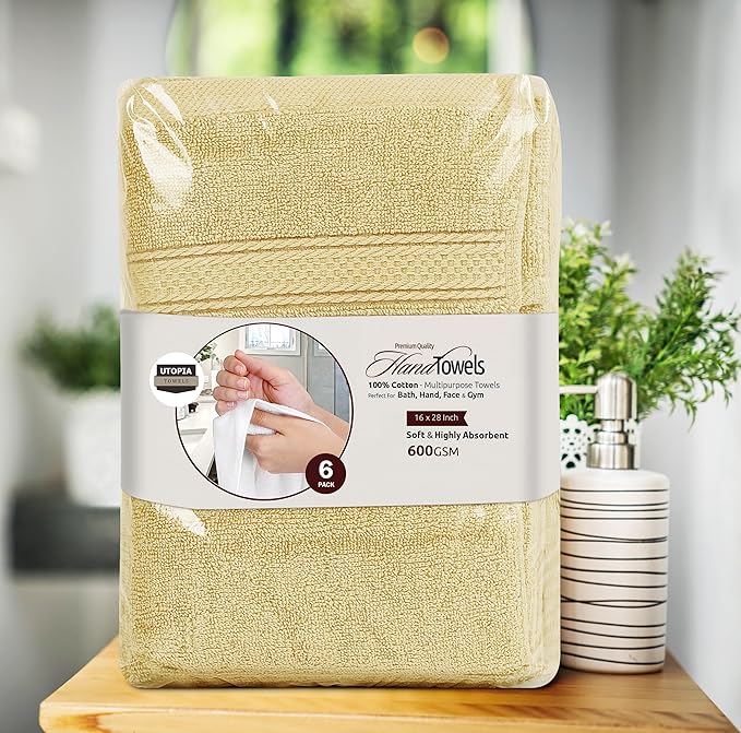 Utopia Towels 6 Pack Premium Hand Towels Set, 16 by 28 inches, 100% Ring Spun Cotton, Ultra Soft and Highly Absorbent 600GSM Towels for Bathroom, Gym, Shower, Hotel, and Spa, Beige