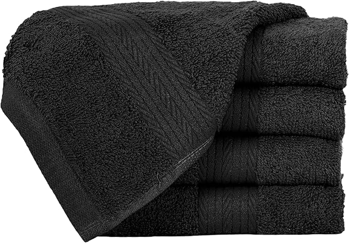 Ample Decor Washcloths Pack of 5 12 X 12 Inch 100% Cotton 600 GSM, Soft Absorbent and Reusable Fingertip Towels, Ideal for Bathroom and Powder Room - Black