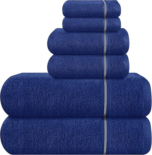 MyOwn Ultra Soft 6 Pack Cotton Towel Set, Contains 2 Bath Towels 28x55 inch, 2 Hand Towels 16x24 inch & 2 Wash Coths 12x12 inch, Ideal Everyday use, Compact & Lightweight - Navy Blue