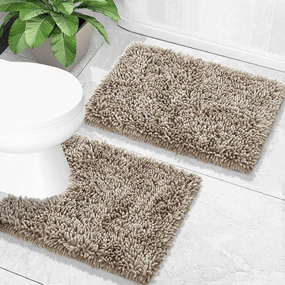 Yimobra Toilet Rugs U Shaped Washable, Extra Thick Soft Absorbent Chenille Contour Bathroom Rugs for Toilet 24x20 Inch, Quick Dry Non Slip Toilet Mat for Bath Floor, Camel