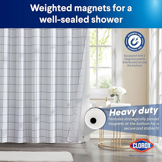 CLOROX Bathroom Waffle Windowpane Pattern Shower Curtain with Waterproof Lightweight PEVA Liner Set, Standard Size, Metal Grommets, No Hooks 72" x 72" - 2 Pc Set - Grey w Frosty PEVA