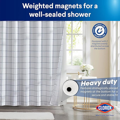 CLOROX Bathroom Waffle Windowpane Pattern Shower Curtain with Waterproof Lightweight PEVA Liner Set, Standard Size, Metal Grommets, No Hooks 72" x 72" - 2 Pc Set - Grey w Frosty PEVA