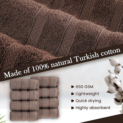 HALLEY Turkish 8 Pack Premium Washcloths (8 Pieces) 650 GSM Highly Absorbent Super Soft 100% Cotton - 8 Washcloths (Brown)