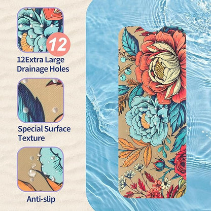 Bohemia Floral Bathtub Mat Non Slip for Kids 40x16in Extra Long Anti Slip Bath Mat for Tub Boho Flower Bath Shower Mat with Large Drain Holes and Suction Cups Vintage Plant Design Bathroom Decor
