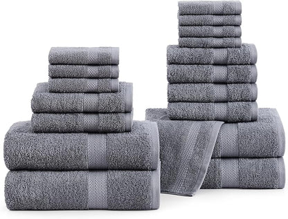 LANE LINEN 100% Cotton Bath Towel Set - Sustainably Produced, 18PCs Towels for Bathroom - 6 Hand, 8 Washcloths, 4 Shower Towels - Machine Washable, Quick Drying, Highly Absorbent - Cool Grey