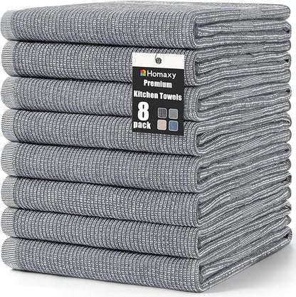 Homaxy Premium Kitchen Towels(18”x 28”, 8 Pack), Large Cotton Kitchen Hand Towels, Flat and Terry Dish Towels, 380 GSM Highly Absorbent Tea Towel Set with Hanging Loop, Grey