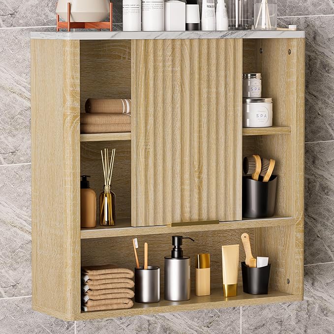 24” Bathroom Wall Cabinet, Modern Wood Medicine Cabinet with Adjustable Shelves, Above Toilet Storage Organizer for Kitchen, Living Room,Laundry Room,Oak