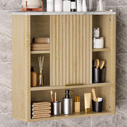 24” Bathroom Wall Cabinet, Modern Wood Medicine Cabinet with Adjustable Shelves, Above Toilet Storage Organizer for Kitchen, Living Room,Laundry Room,Oak