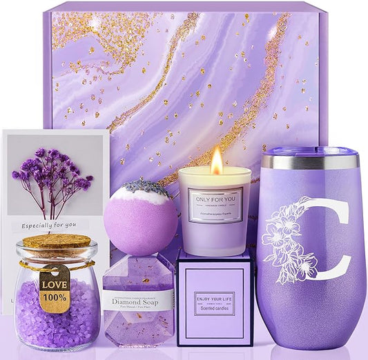 Gifts for Women, Mom, Wife, Girlfriend, Sister, Friends Her - Unique Birthday, Christmas, Valentine's Day, Mothers Day Gifts, Wedding Gifts - Initial Lavender Spa Gift Basket Box (C)