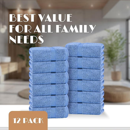 White Classic Light Blue Washcloths Set for Body and Face Towel, Cotton Wash Cloths Bulk 12 Pack, Spa Fingertip Wash Clothes 12x12 Inch, Soft Absorbent Gym Towels