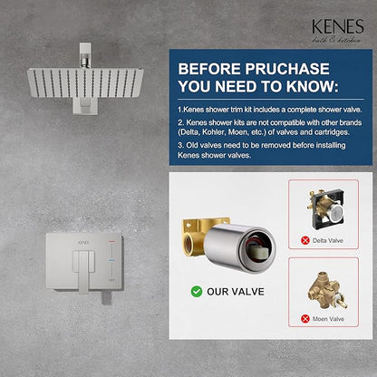 KENES Brushed Nickel 10-Inch Shower Head and Handle Set, Square Shower Faucet Set Bathroom Rainfall Shower System Wall Mount, KE-6024B (Shower Valve Included)