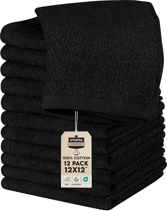 Utopia Towels 12 Pack Cotton Washcloths Set, 100% Ring Spun Cotton, Premium Flannel Face Cloths, Highly Absorbent and Soft Feel Fingertip Towels, Black