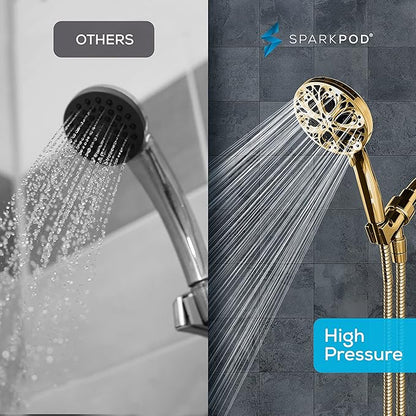 SparkPod 10-Mode Handheld Shower Head with Hose - 5" High Pressure Shower Head Set with Touch-to-Clean Nozzles, Built-In Power Jet, Stainless Steel 6ft Hose & Bracket (Egyptian Gold)