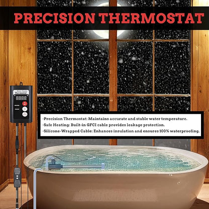 1500W Hot Tub Titanium Immersion Water Heater with Temp Control & GFCI – Submersible Electric Heater for Above-Ground Pool, Spa, Bucket, Baptistry, Baptismal Pool, Bathtub & Inflatable Pool