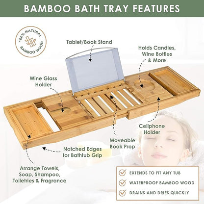 from Son, Premium Bamboo Bathtub Caddy Tray Gift Set with Bath Bombs, Shower Gel, Shampoo & Bubble Bath, Luxury Bathtub Trays with Book & Wine Holder, Expandable Tray to Fit Any Tub
