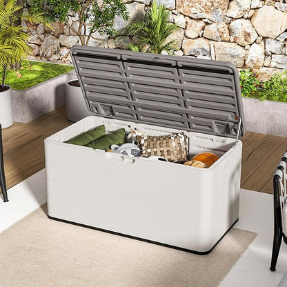 TARKARI Premium Pro Edition 100 Gallon Lockable Resin Deck Box, Waterproof & UV-Resistant Outdoor Storage Box for Outdoor Cushion Storage, Garden Tools & Pool Accessories Storage, White