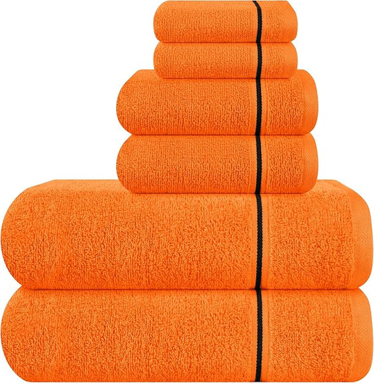 MyOwn Ultra Soft 6 Pack Cotton Towel Set, Contains 2 Bath Towels 28x55 inch, 2 Hand Towels 16x24 inch & 2 Wash Coths 12x12 inch, Ideal Everyday use, Compact & Lightweight - Orange