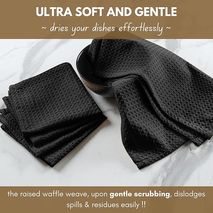 Native Fab Cotton Kitchen Towel with Hanging Loop 16x26 inches, 12-Pack, Waffle Weave Kitchen Towels for Cleaning Drying, Washcloths Soft & Absorbent Cloth Rags, Bar Towel, Dish Cloth, Black
