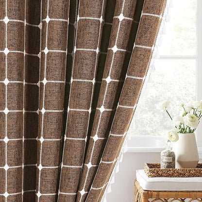 MitoVilla Brown 36 x 72 Boho Small Stall Shower Curtain, Narrow Polyester Linen Fabric Shower Curtains for Farmhouse Bathroom Decor, Half Size Cloth Shower Curtain Set with Hooks