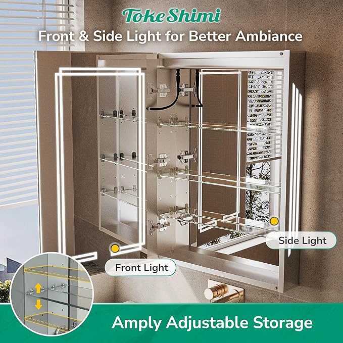 TokeShimi 20x32 Lighted Medicine Cabinet Mirrored, Anti-Fog Tempered Bathroom LED Mirror with Storage 3 Color Stepless Dimming, CRI 80+, Memory Funtion, Surface Mount Medicine Cabinet with Light