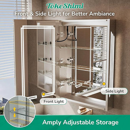 TokeShimi 30x26 Bathroom Mirror Medicine Cabinet with Light 3 Colors, Anti-Fog Tempered LED Mirror with Storage, Stepless Dimming CRI 80+, Memory Funtion, Wall Mirrored Cabinet for Bathroom Décor