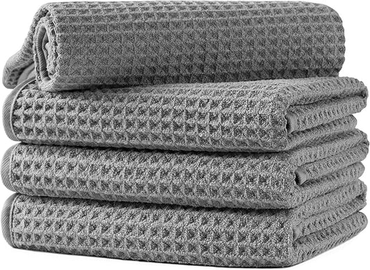Microfiber Waffle Hand Towels, 4 Pieces, Soft, Absorbent, Fast Drying, Lint Free (Gray)