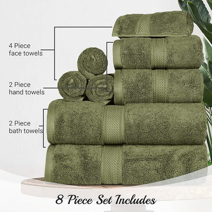 Superior Egyptian Cotton Pile 8 Piece Towel Set, Includes 2 Bath, 2 Hand, 4 Face Towels/Washcloths, Ultra Soft Luxury Towels, Thick Plush Essentials, Guest Bath, Spa, Hotel Bathroom, Forest Green