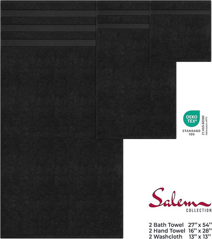 American Soft Linen Salem Turkish Bath Towel Set, 100% Cotton 600 GSM 6 Piece Towels for Bathroom, 2 Bath Towels 2 Hand Towels 2 Washcloths, Black