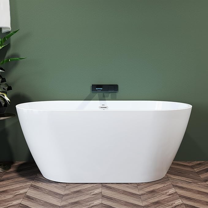 FerdY Nauru 55" Acrylic Freestanding Bathtub, Gracefully Shaped Freestanding Soaking Bathtub, Glossy White cUPC Certified, Toe-Tap Chrome Drain and Classic Slotted Overflow Included