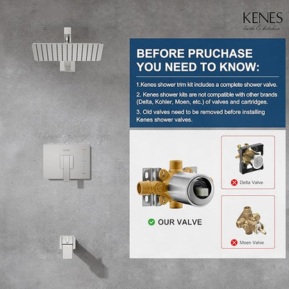 KENES Brushed Nickel Tub Shower Faucet Set Complete, Tub and Shower Trim Kit with 10-Inch Rain Shower Head, Square Shower System, KE-6024A (Shower Valve Included)