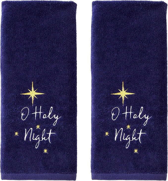 SKL Home Religious/Christmas/Winter O Holy Night Hand Towel 2pc Set for Bath/Kitchen & Gift, Navy
