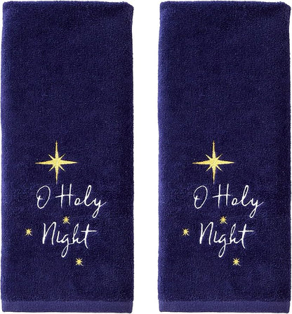 SKL Home Religious/Christmas/Winter O Holy Night Hand Towel 2pc Set for Bath/Kitchen & Gift, Navy