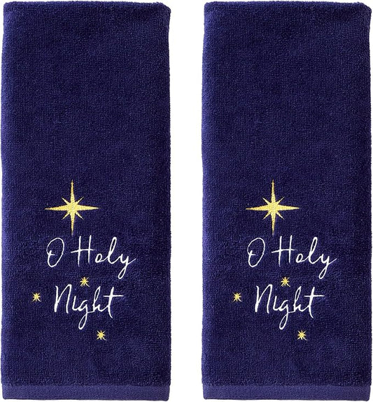 SKL Home Religious/Christmas/Winter O Holy Night Hand Towel 2pc Set for Bath/Kitchen & Gift, Navy