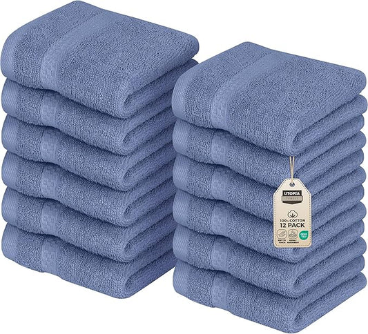 Utopia Towels 12 Pack Premium Wash Cloths Set, 12 by 12 Inches, 100% Cotton Ring Spun, Highly Absorbent and Soft Feel Essential Washcloths for Bathroom, Spa, Gym, and Face, Electric Blue