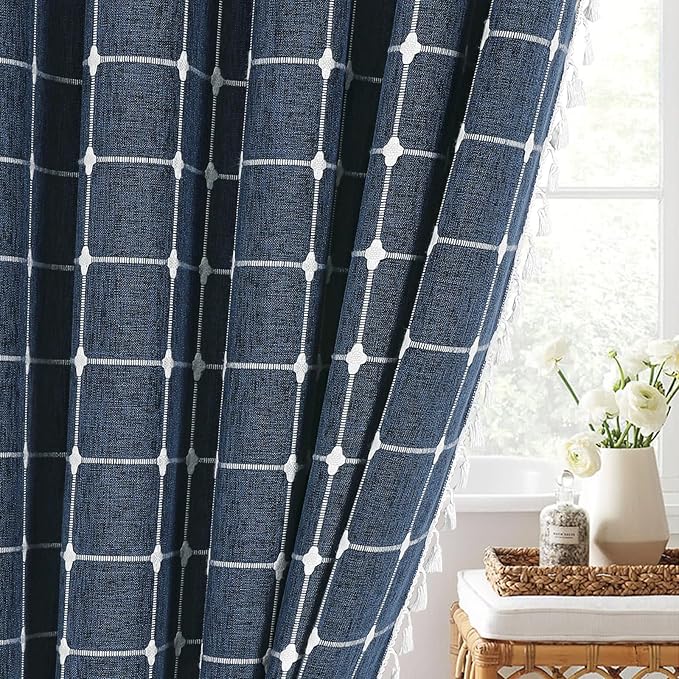 MitoVilla 72 x 84 Navy Blue Boho Extra Long Shower Curtain, Farmhouse 84 inch XL Polyester Linen Texture Tassel Fabric Shower Curtain Set with Hooks for Cottagecore Country Bathroom Decor